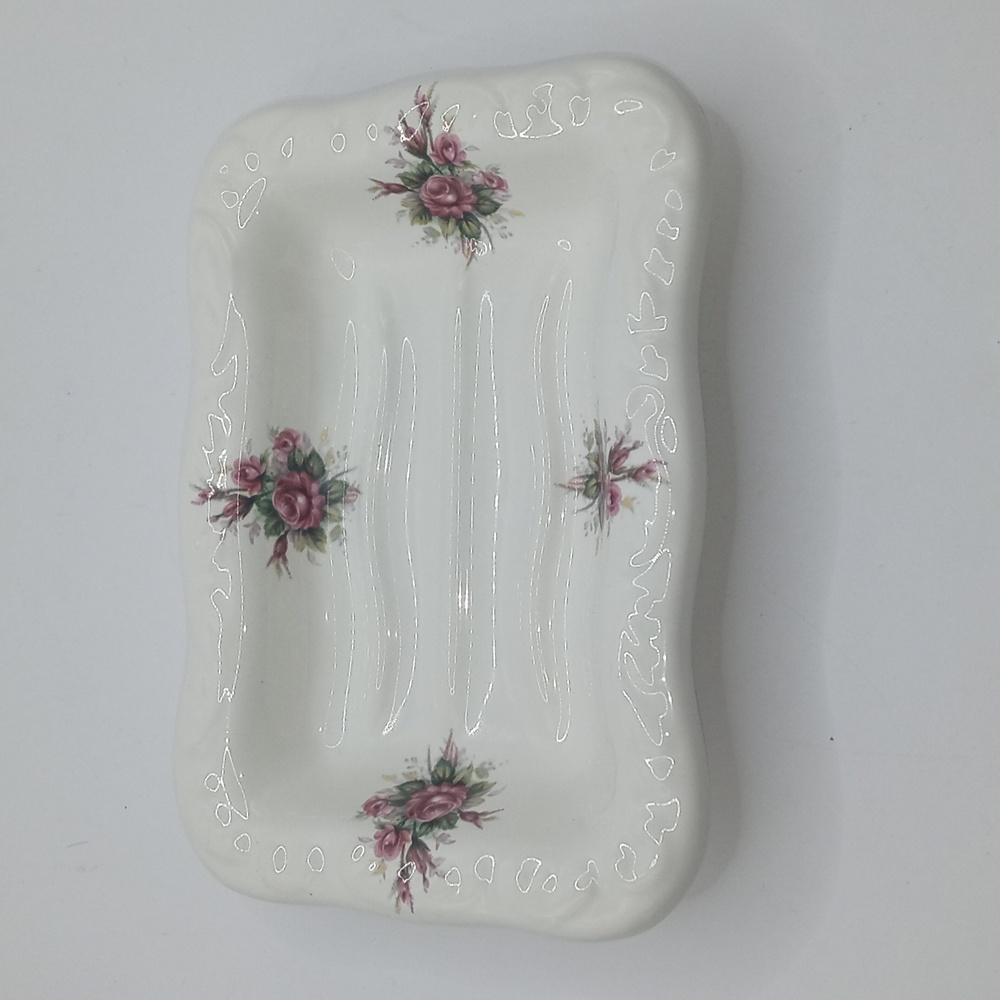 Vintage Athena Porcelain Soap Dish Pink Rose Flower Pattern